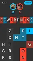 In a row above a square grid, blue and red letters of light and dark shades spell out the word "cowardness."