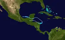 An image depicting the track of a short-lived 2014 tropical cyclone within the North Atlantic Basin.
